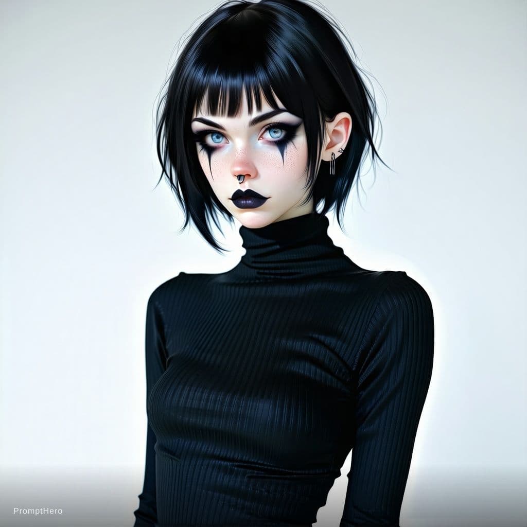 AI generated: Goth, ultra detailed, Stunning beauty, light skin, (black hair: 1.3), full body, (messy bangs: 1.3),...