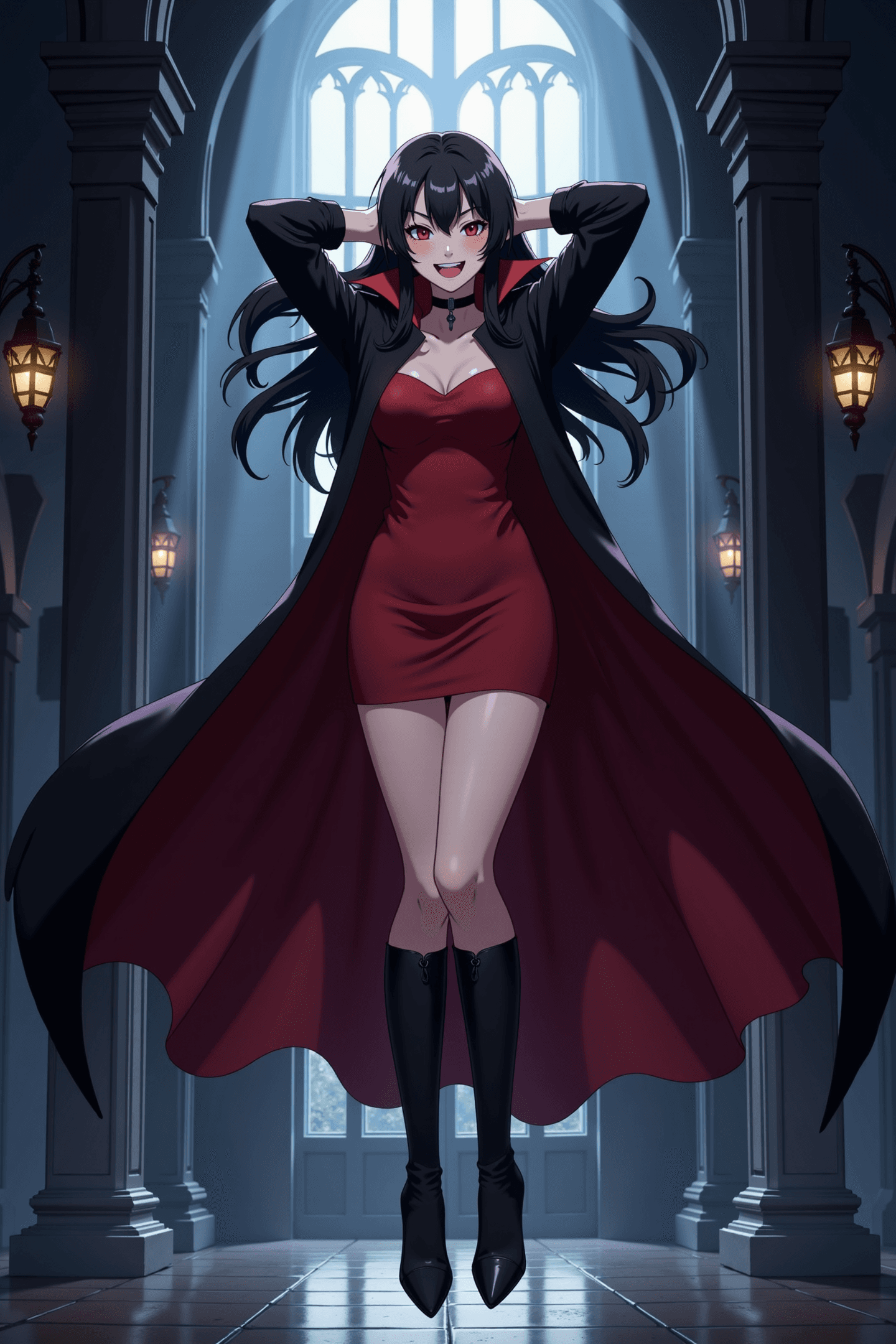 AI generated: No People in the background, attractive vampire woman, symmetrical facial features, she is floating ...
