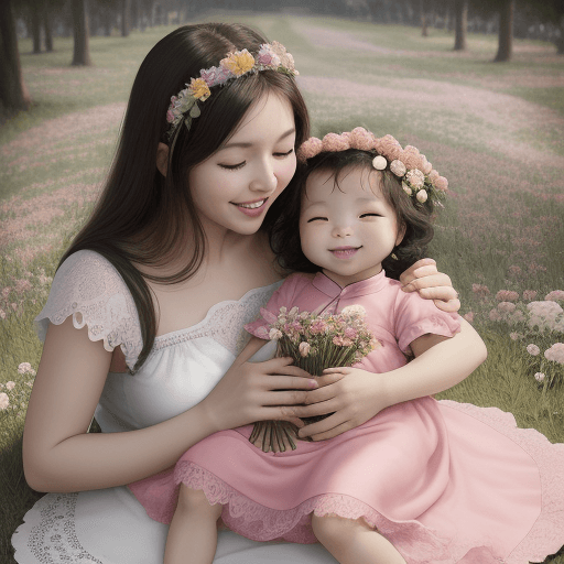 AI generated: Una bebé china sonriente, de 3 meses, con su mamá, con un vestido rosado, en el pasto con muchas flo...