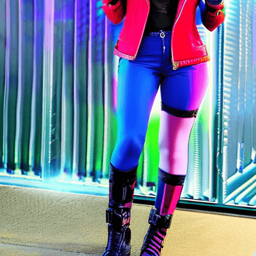AI generated: full body: 1.5, Destiny guardian Harley Quinn, Evil attitude, cold stare, neon Gotham City: 1.5, ((m...