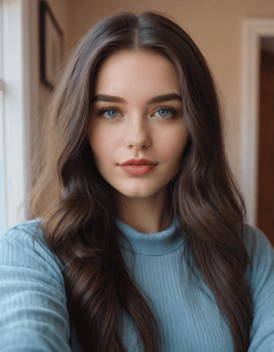 AI generated: selfie of a beautiful 20yo model influencer, at home, female beauty, thin, casually clothed, long da...