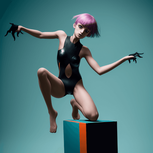 AI generated: a girl is posing while on a box, in the style of dark cyan and orange, acrobatic self-portraits, ver...