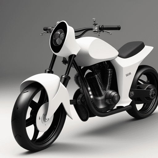 AI generated: Lucid pearl white motorbike, roots, wooden parts, carbonfiber wicker bones, stealth robocop, translu...