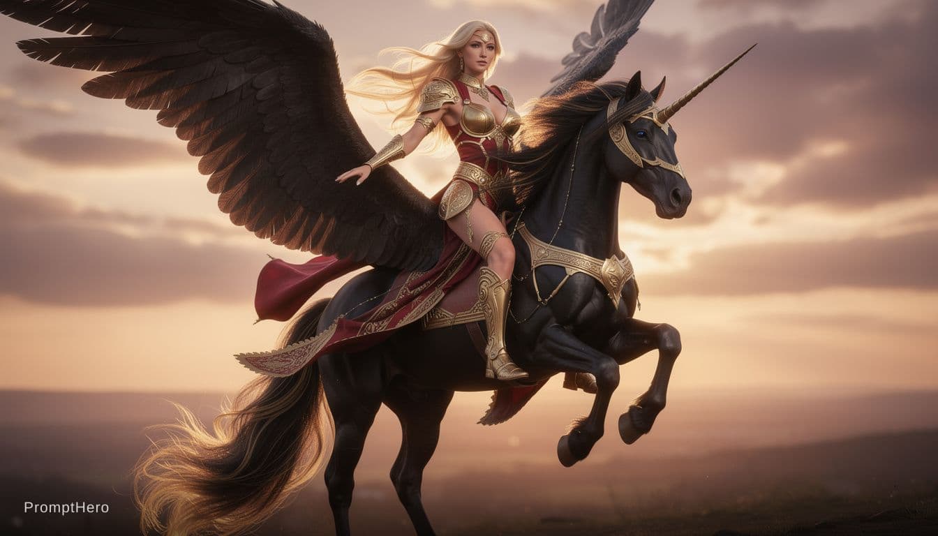AI generated: Ultra photorealistic glamorous magazine centerfold photograph of a majestic black winged unicorn rea...
