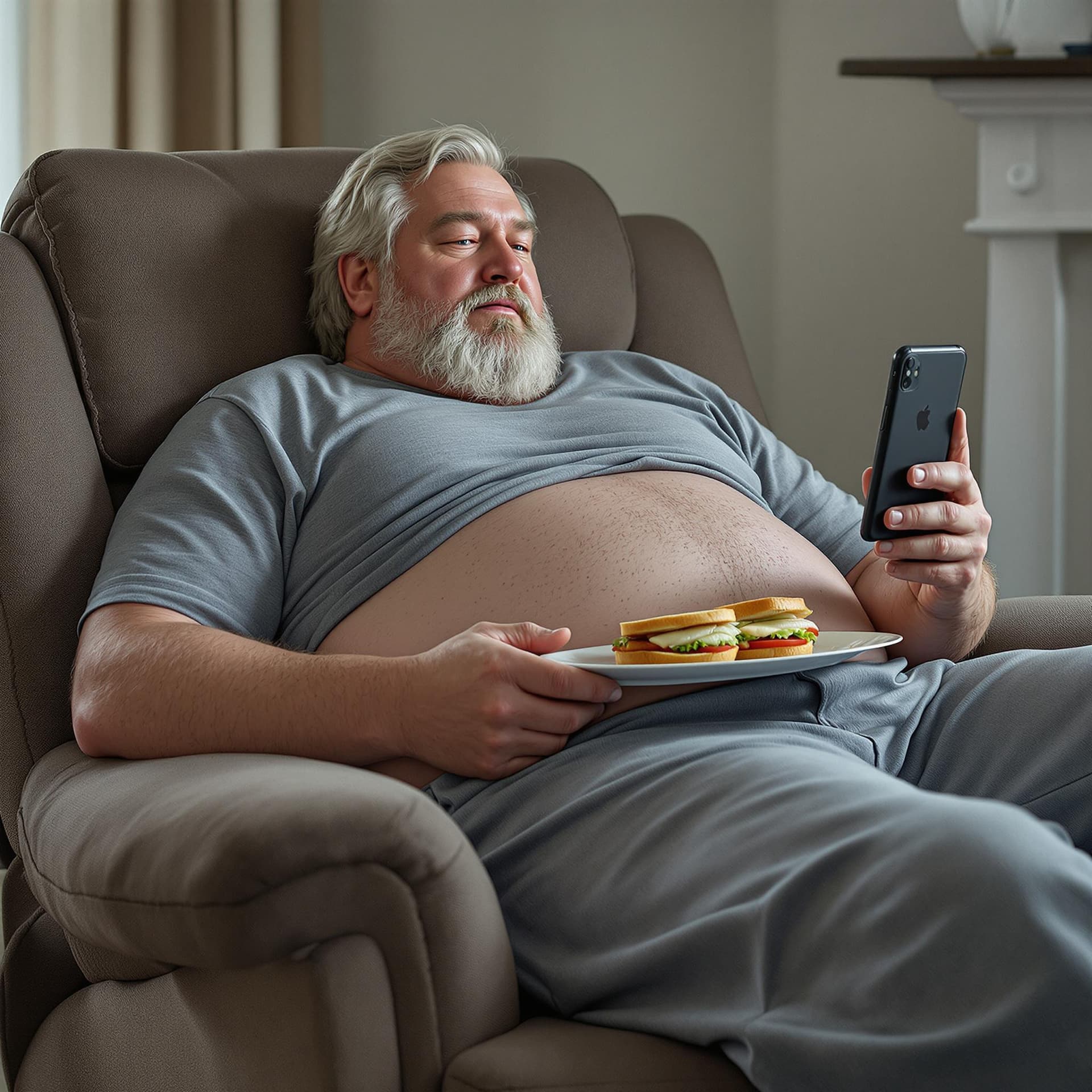 AI generated: Create a realistic 8k image of a scene with the camera pointing at a large man laying back in a recl...