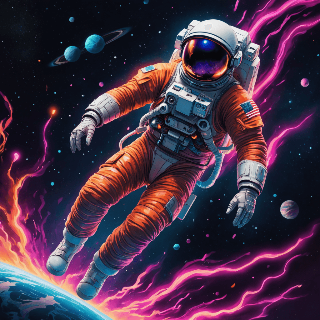 AI generated: a neon drawing of an astronaut floating in space, digital art by Mór Than, unsplash contest winner, ...