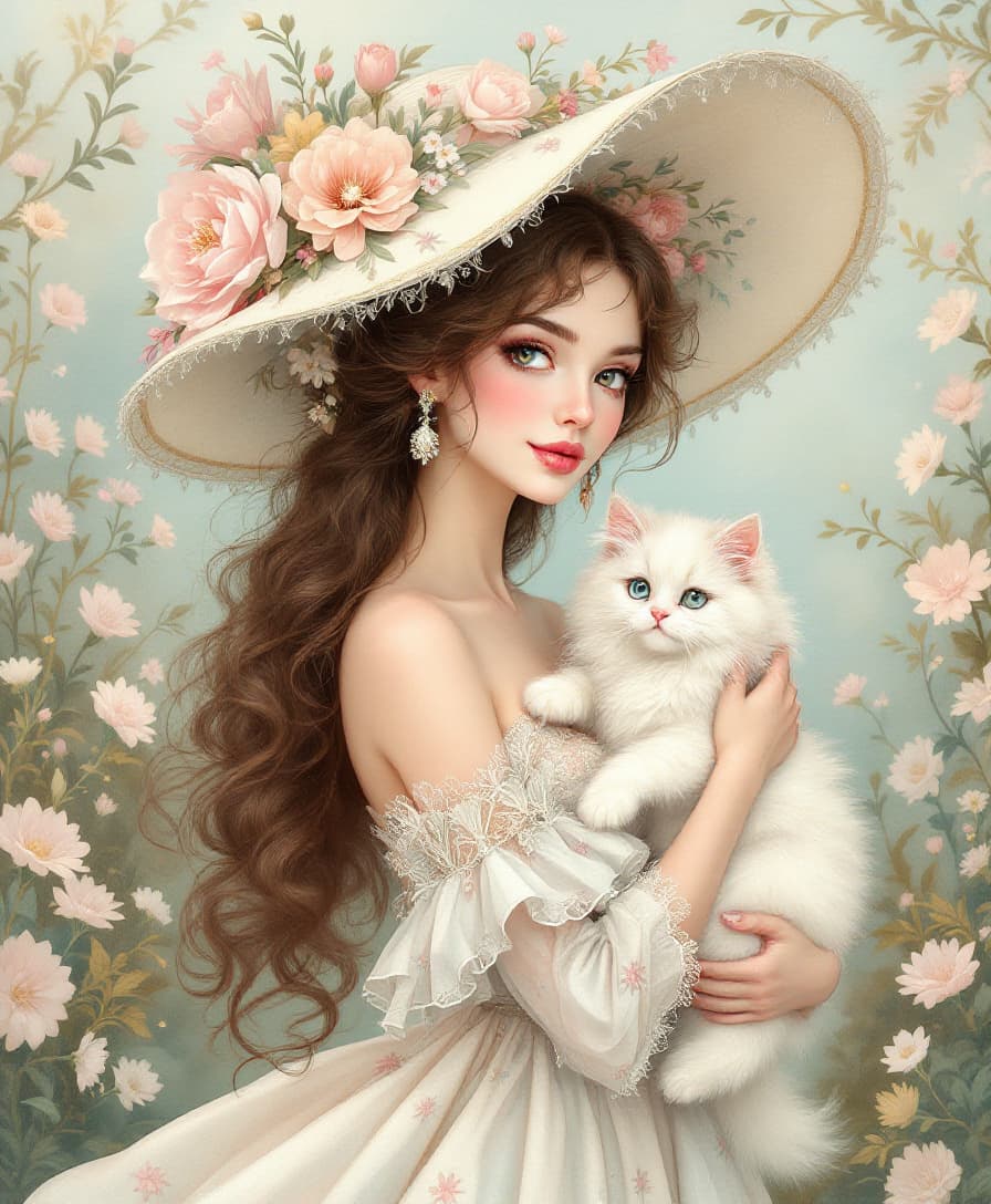 AI generated: A delicate Rococo illustration of an elegant woman with long, wavy brown hair, wearing a light, flor...