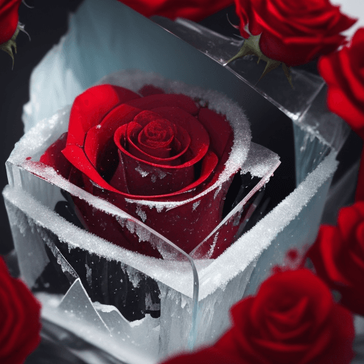 AI generated: close-up photo of a beautiful red rose breaking through a cube made of ice , splintered cracked ice ...