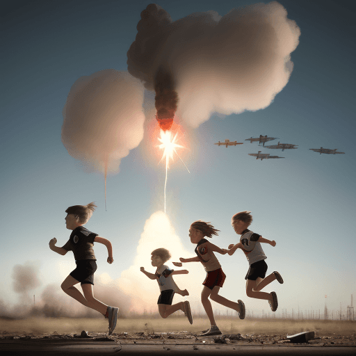 AI generated: wounded kids running from rockets and planes depicts the flag of Germany, France, the United States ...