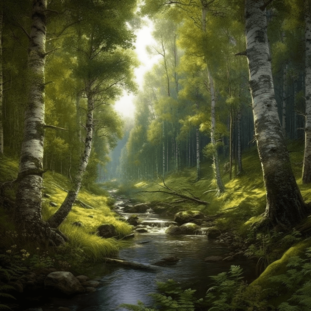 AI generated: surreal fantasy landscape, Ultra highly detailed English countryside silver birch woodland, ferns, g...