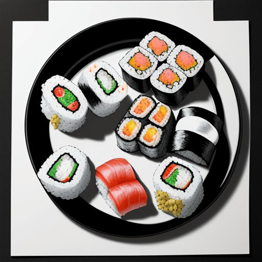 AI generated: plate of
traditional sushi in black and white pencil drawing