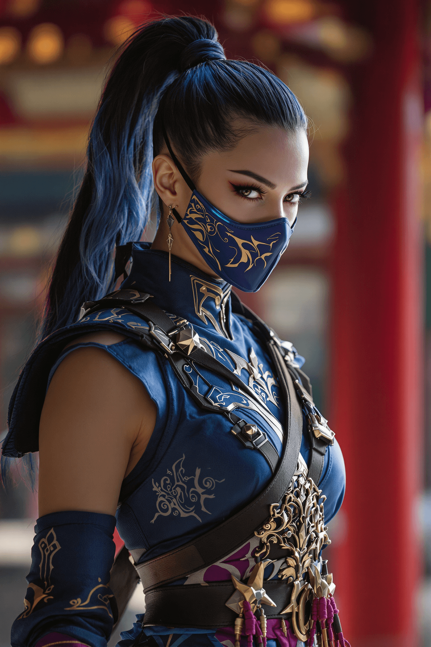 AI generated: A cinematic portrait of a warrior woman inspired by Kitana from Mortal Kombat, her face illuminated ...