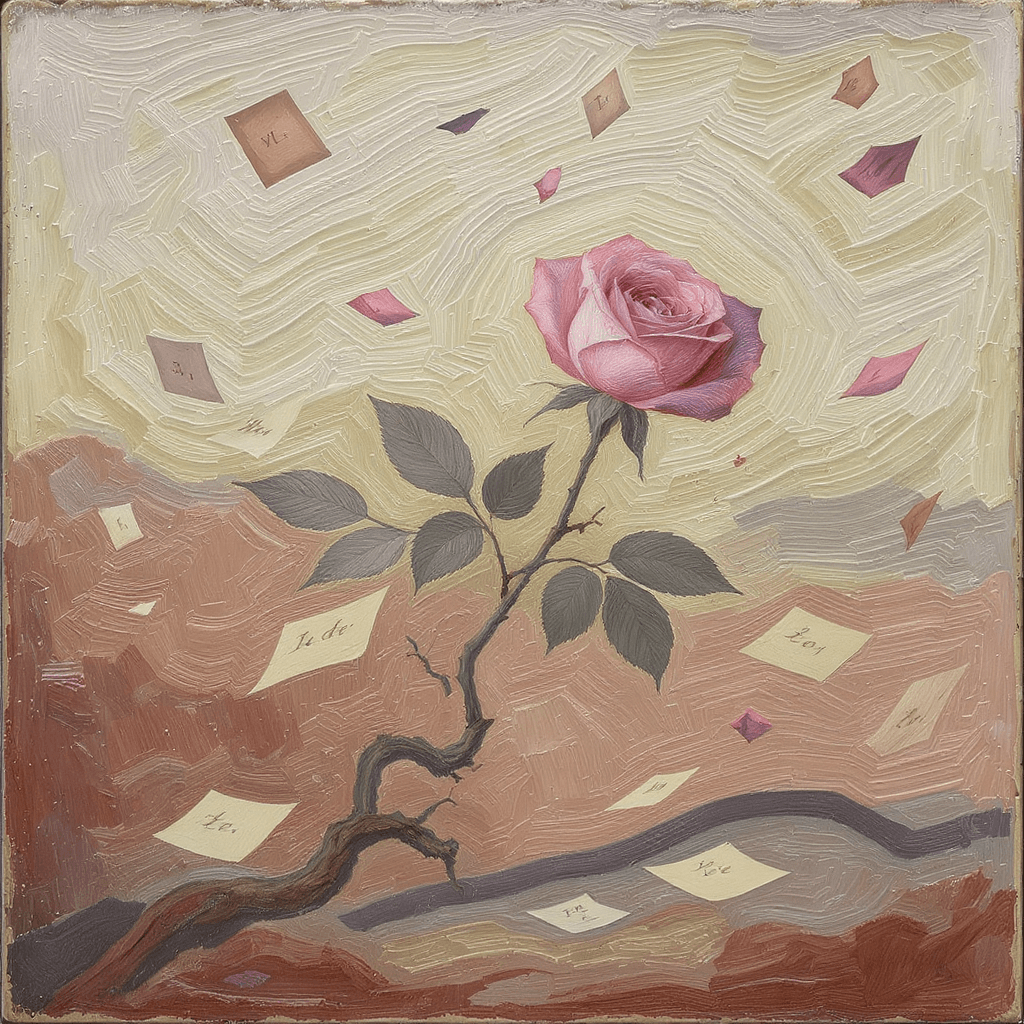 AI generated: A rose in faded pink, antique cream, and vintage mauve blossoms from a twisted root. Letters flutter...