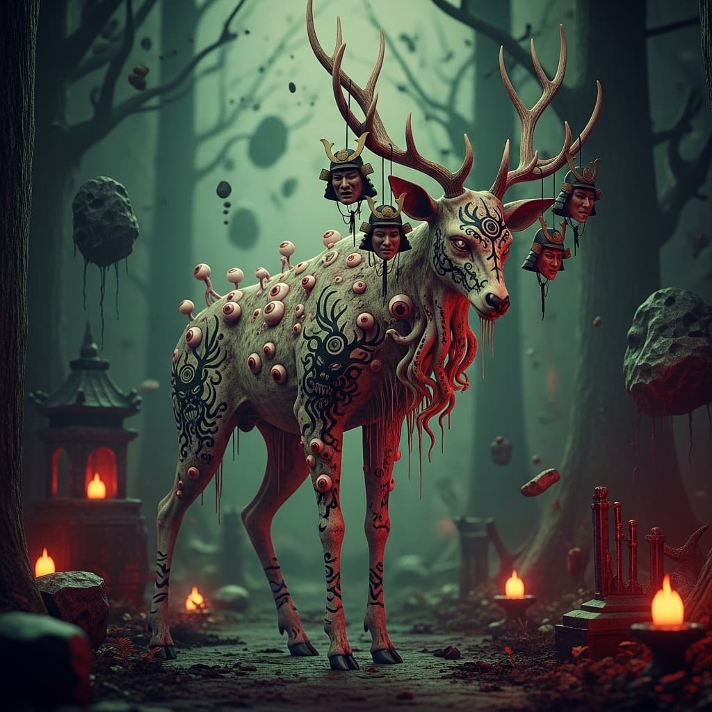 AI generated: "Photorealistic 3D render of a full-length Cthulhu-deer creature in a dark forest. The creature stan...
