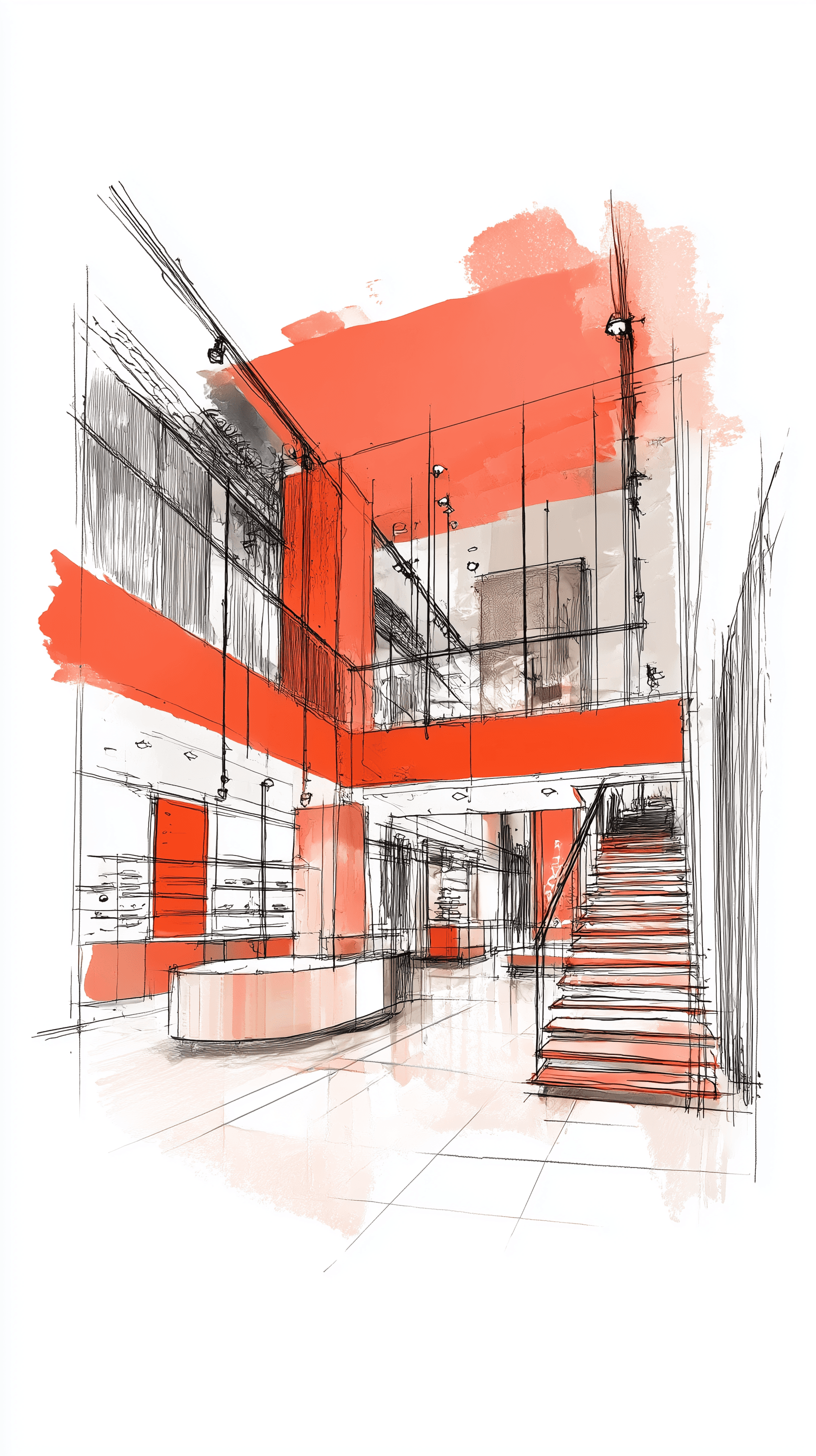 AI generated: hand drawing, perspective view, fashion flagship store interior, simplify, vibrant coral color accen...