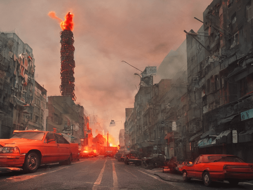 AI generated: city street view with one tall antenna tower in the center with smoke and small fire ,garbage with f...
