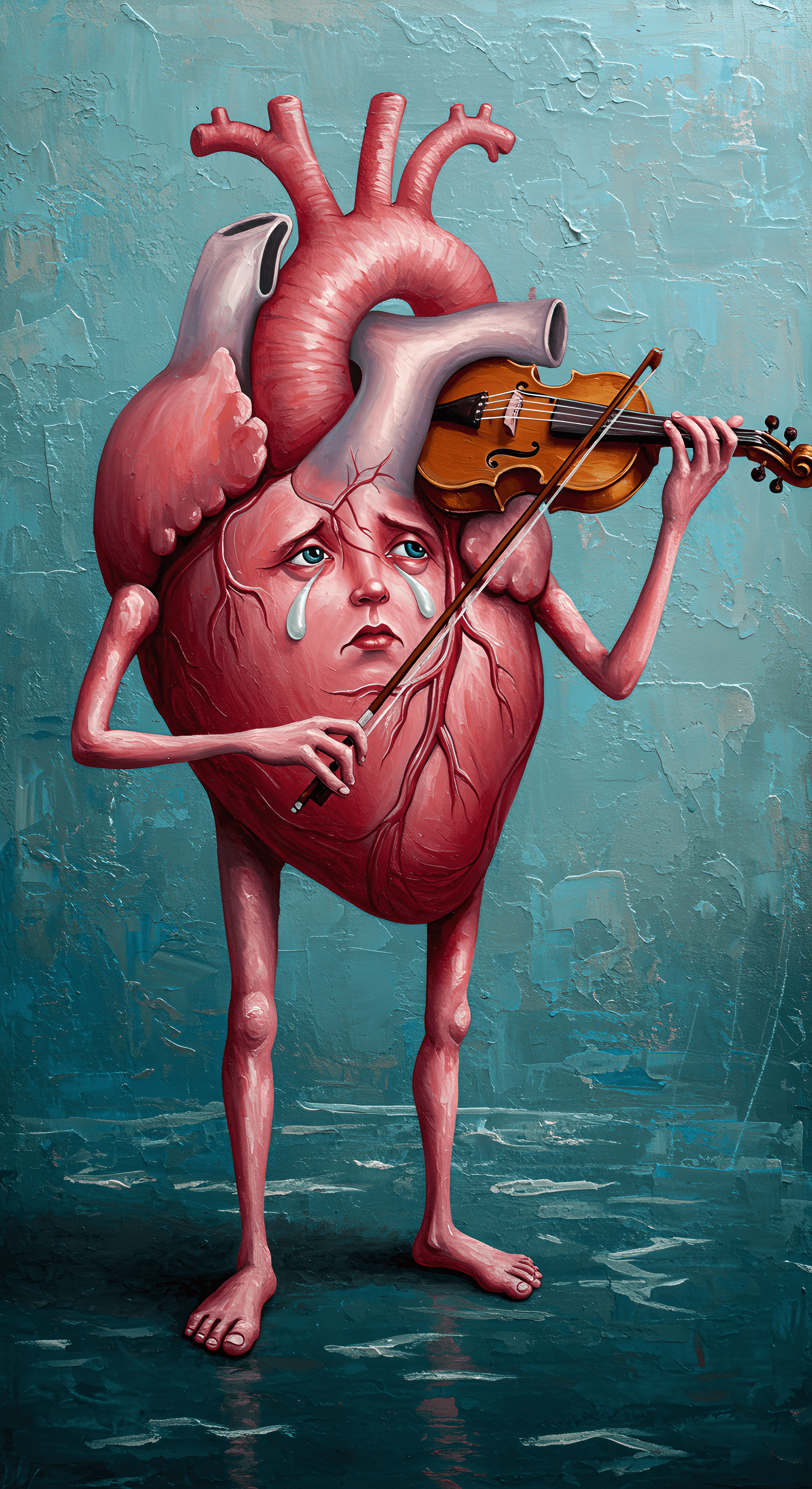 AI generated: A human heart with a melancholic face plays a violin. The heart stands on spindly legs with feet, ag...