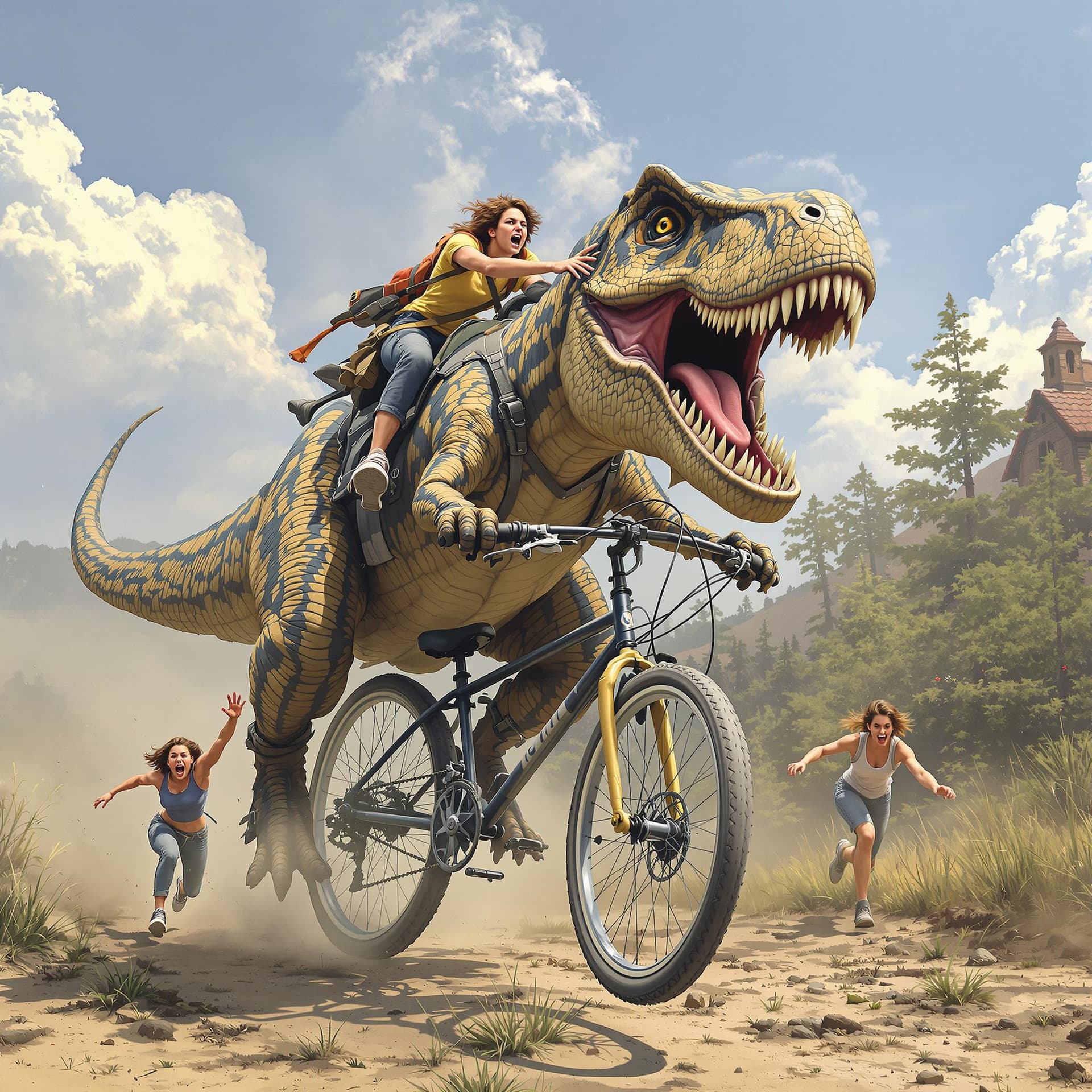 AI generated: Highly realistic Tyrannosaurus rex riding a bike, detailed people running away screaming 
