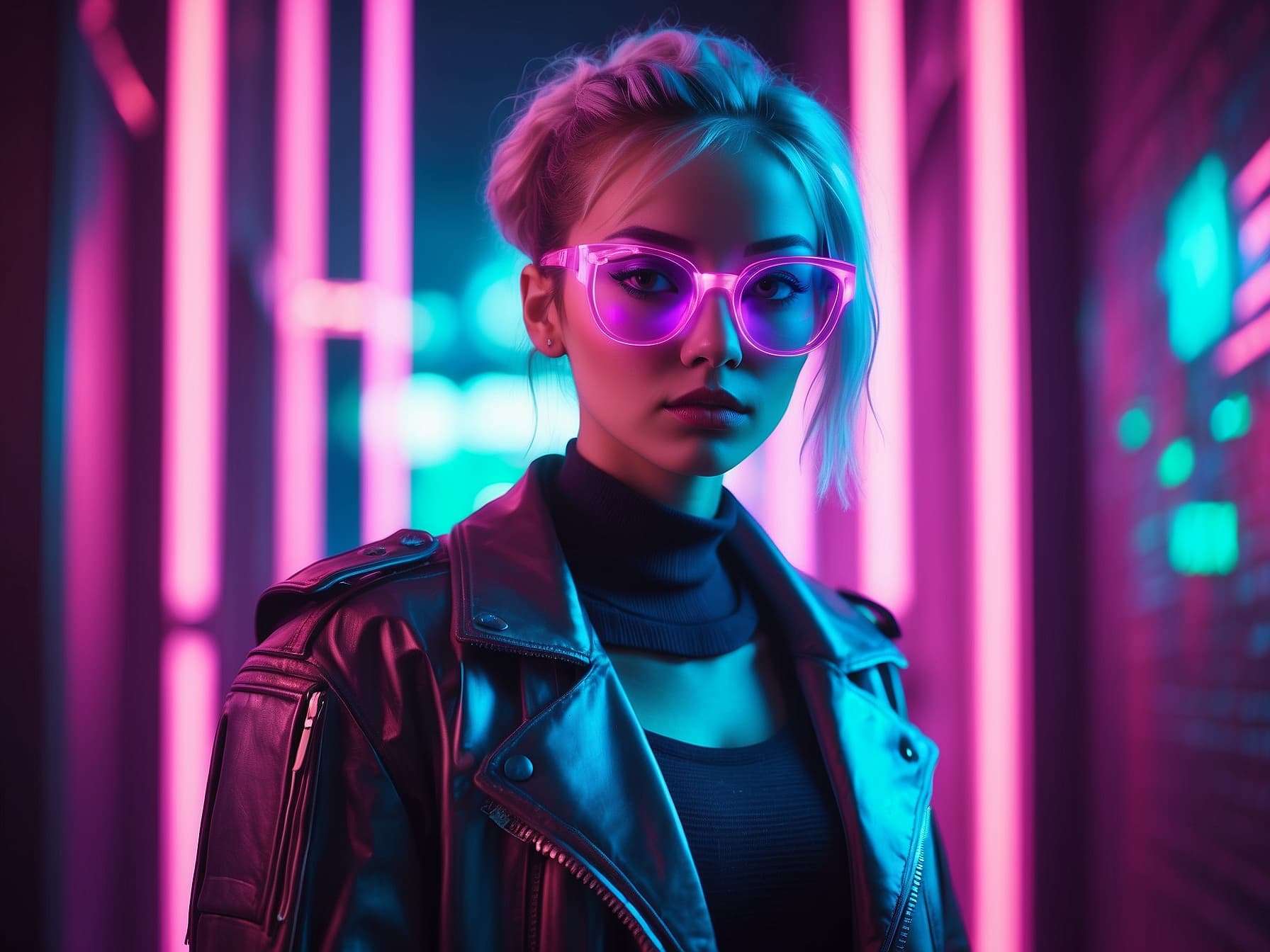 AI generated: a woman in a leather jacket and pink sunglasses, cyberpunk art by Jan Tengnagel, featured on cg soci...