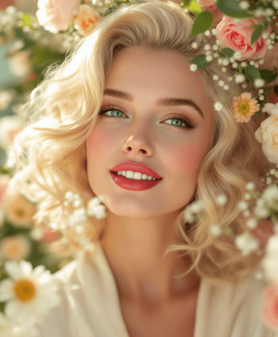 AI generated: A softly lit, close-up portrait of a beautiful blonde woman like Marilyn Monroe,with classic Hollywo...