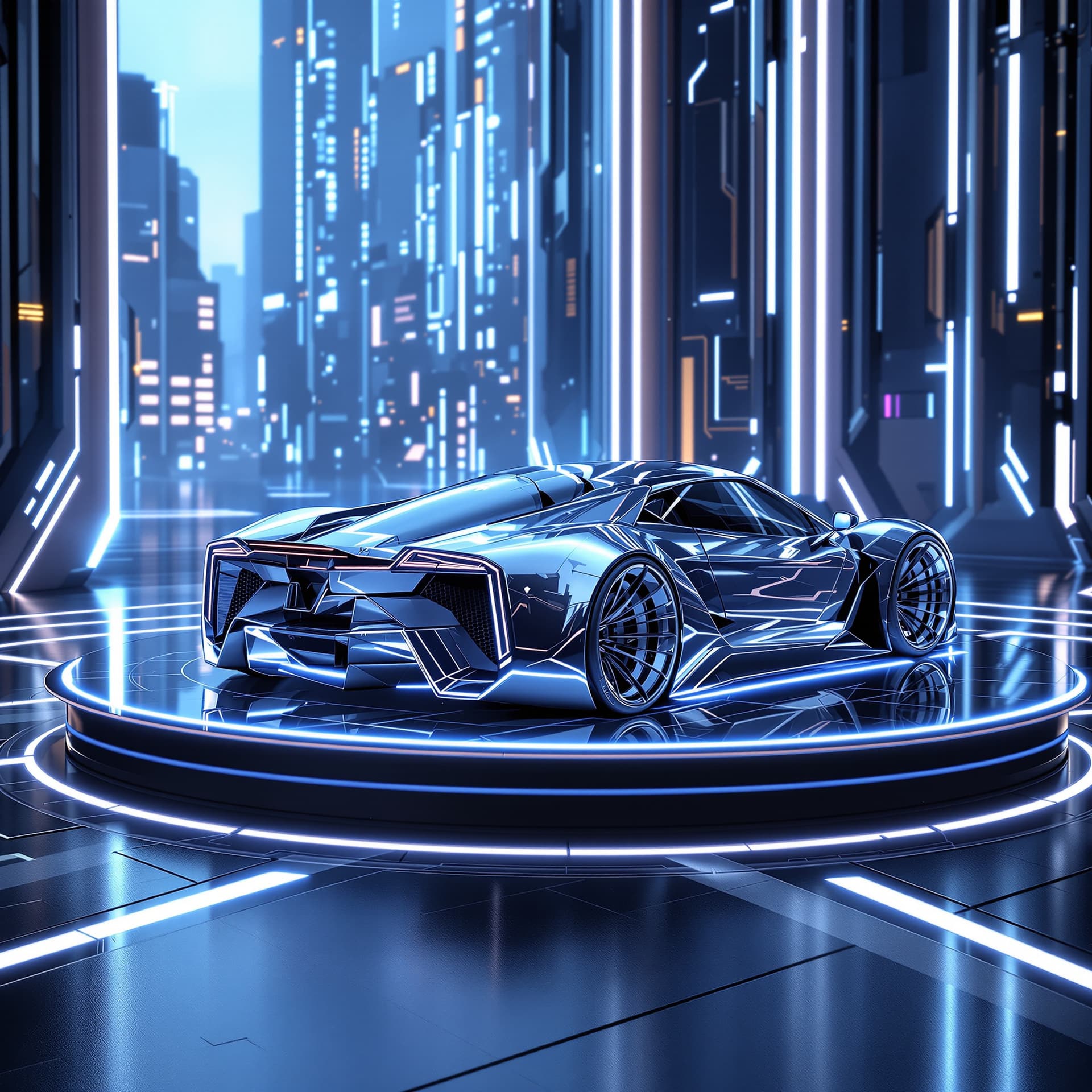 AI generated: sleek shiny silver metallic futuristic lamborghini sports car is parked on top of a raised lighted n...