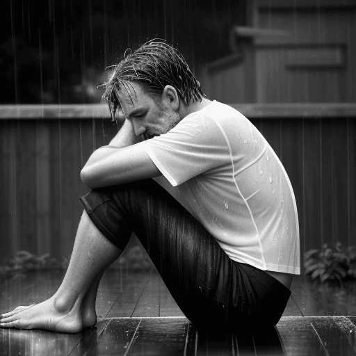 AI generated: 3/4 shot, black and white photograph, a middle age man, side view, sitting on the ground in her back...