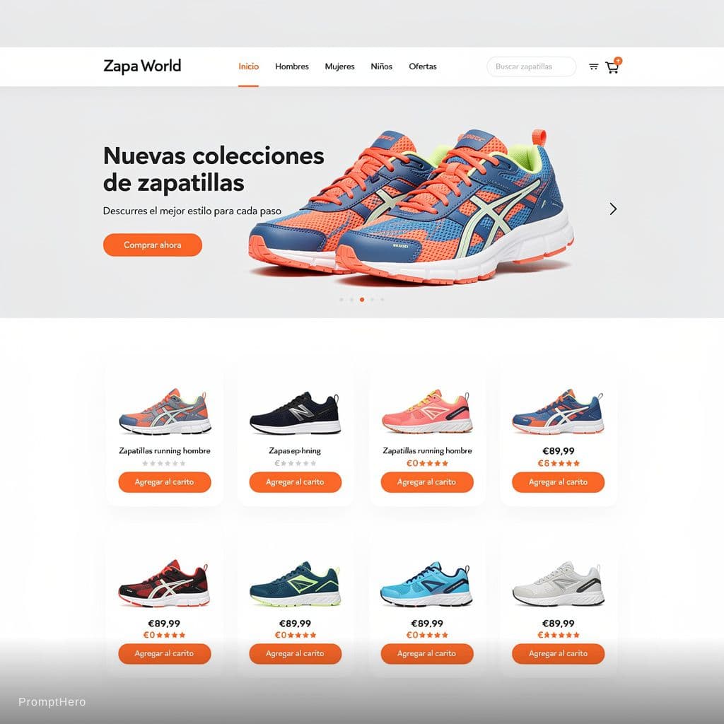 AI generated: "Página de inicio moderna de una tienda virtual de zapatos llamada 'Zapa World', con un diseño limpi...