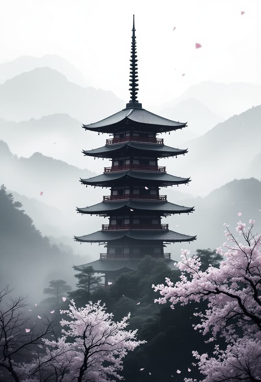 AI generated: Traditional Japanese pagoda standing tall in misty, layered mountains, mid-range view, centered comp...