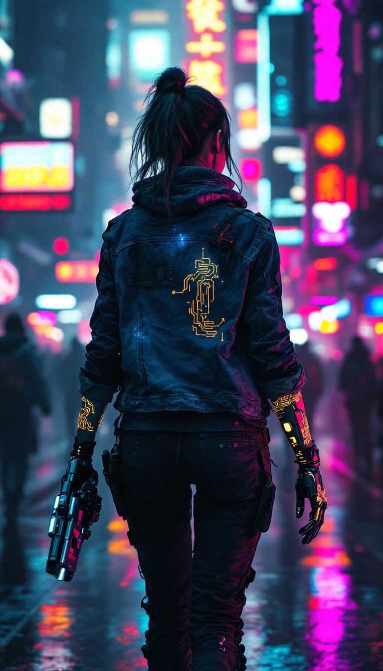 AI generated: A space drifter, in a tattered, dark blue denim jacket and high-tech trousers, navigates a crowded, ...
