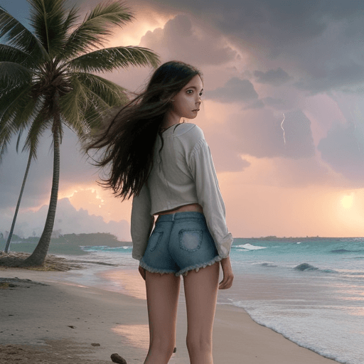 AI generated: a skinny young girl, age 11, in tattered shorts and shirt, with the wind blowing her long hair, is l...