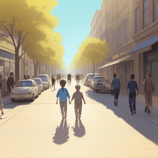 AI generated: illustration of a boys walking in the street a sunny day