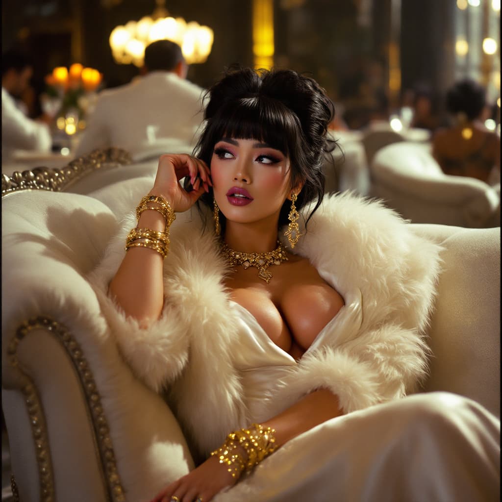AI generated: 1990s, desperate Asian superstar in opulent white furs and opulent satin gown, looking over shoulder...