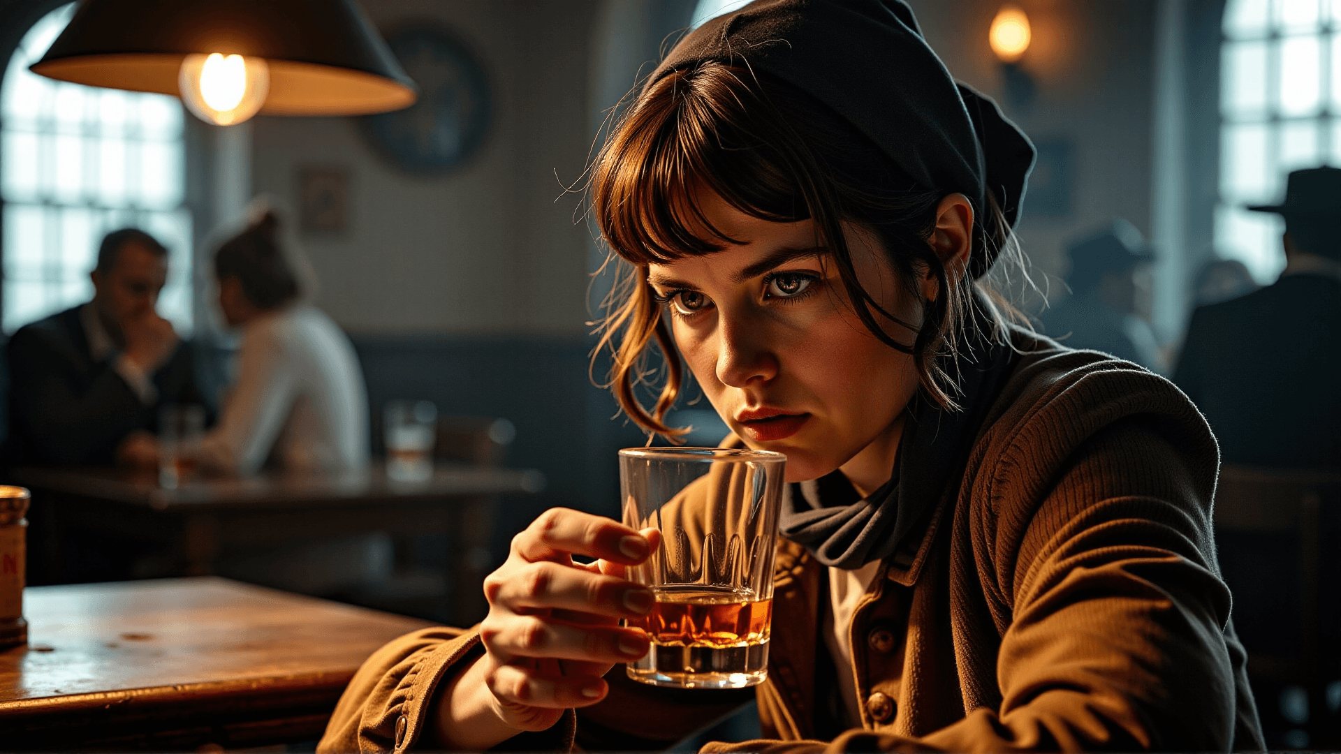 AI generated: An intimate close-up portrait of Mary Read, sitting in a dimly lit London port tavern, her gaze seri...