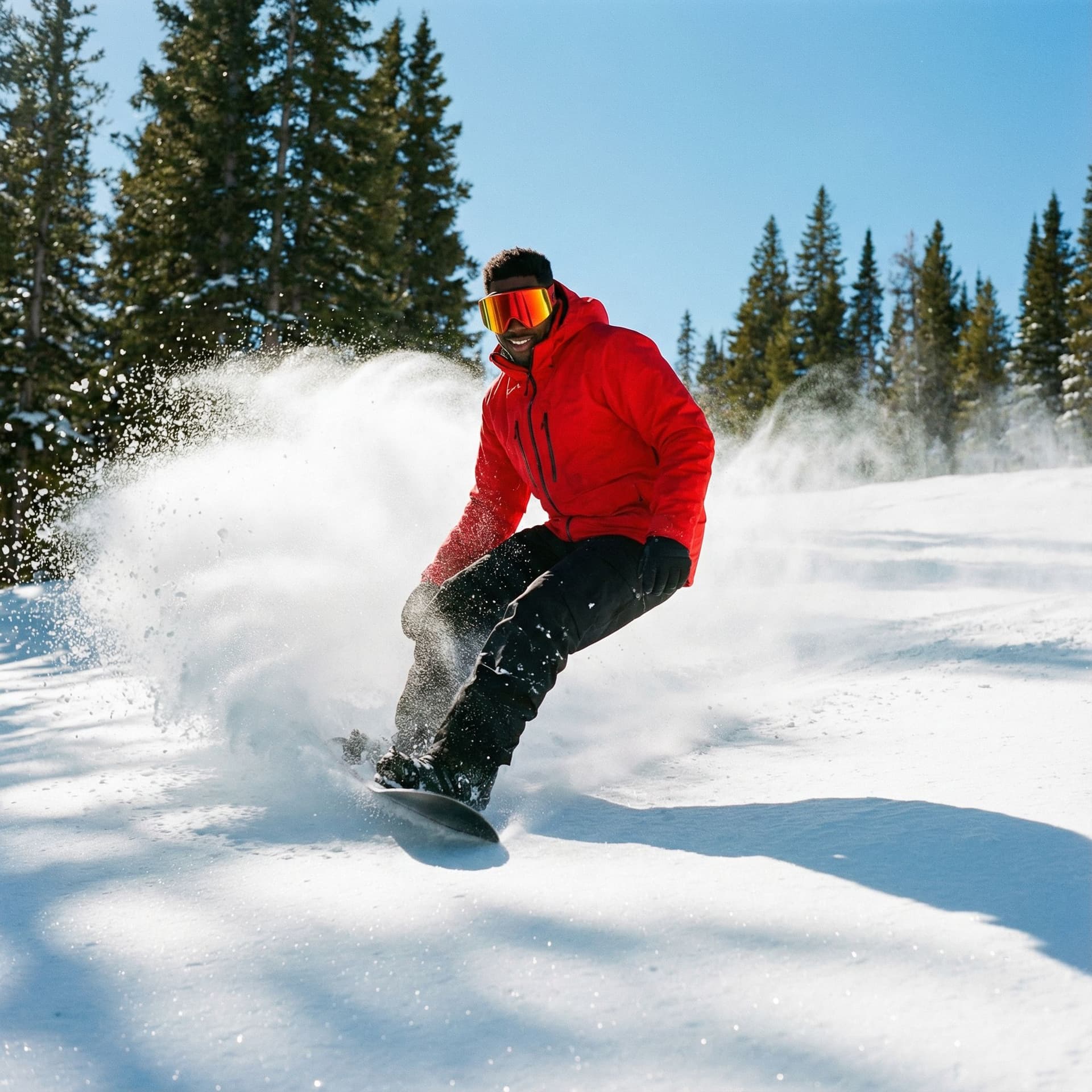 AI generated: An athletic African American man snowboarding down a snowy hill under a clear blue sky, wearing a br...