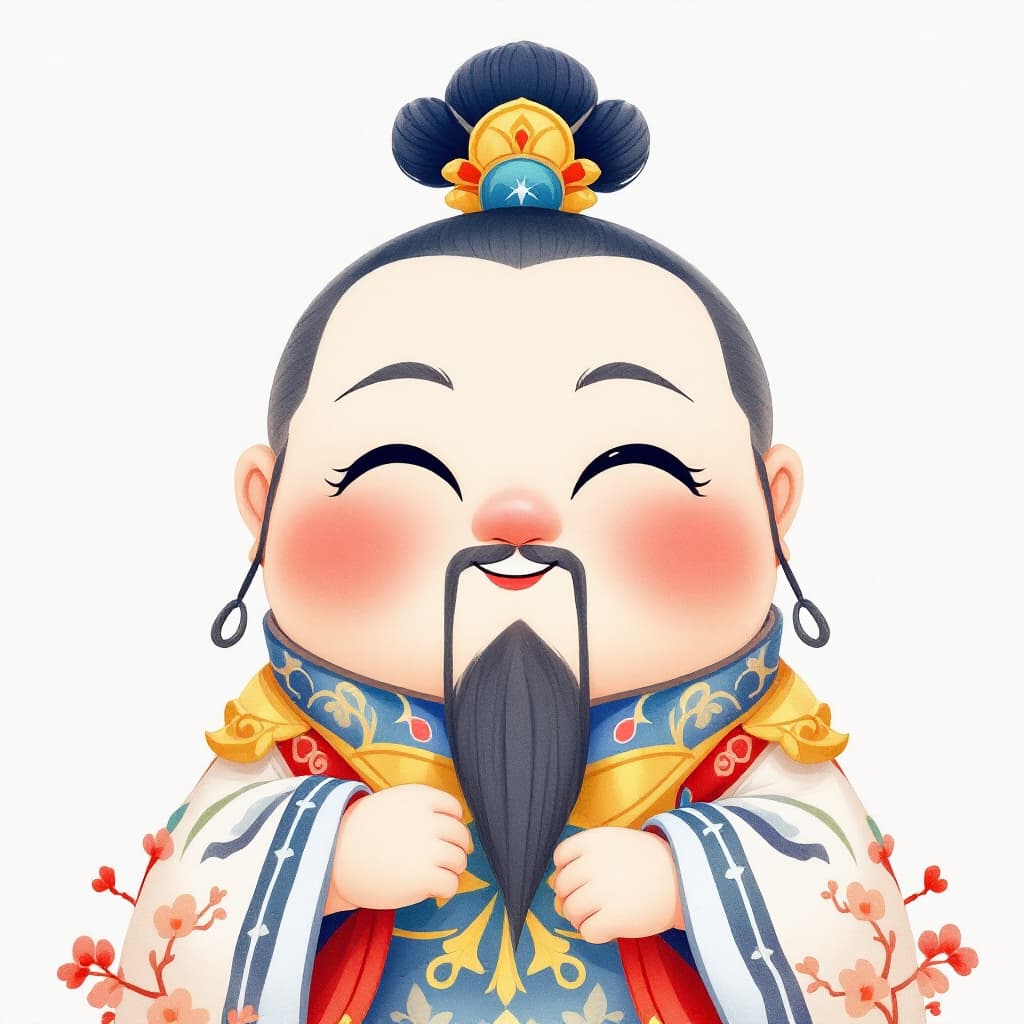 AI generated: A male god with a round face and an approachable face that makes people feel warm. The eyes should b...