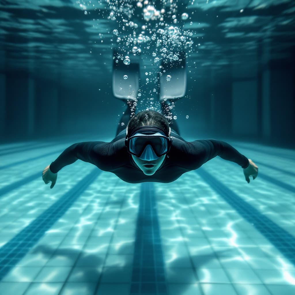 AI generated: Freediver in horizontal position in pool, mask, long fins and wetsuit, arms along the body, crystal ...