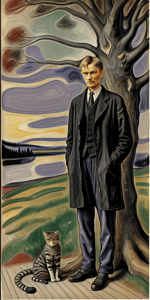 AI generated: Full height front view Portrait of man Edvard Munch standing near a tree and looking at the cat sitt...