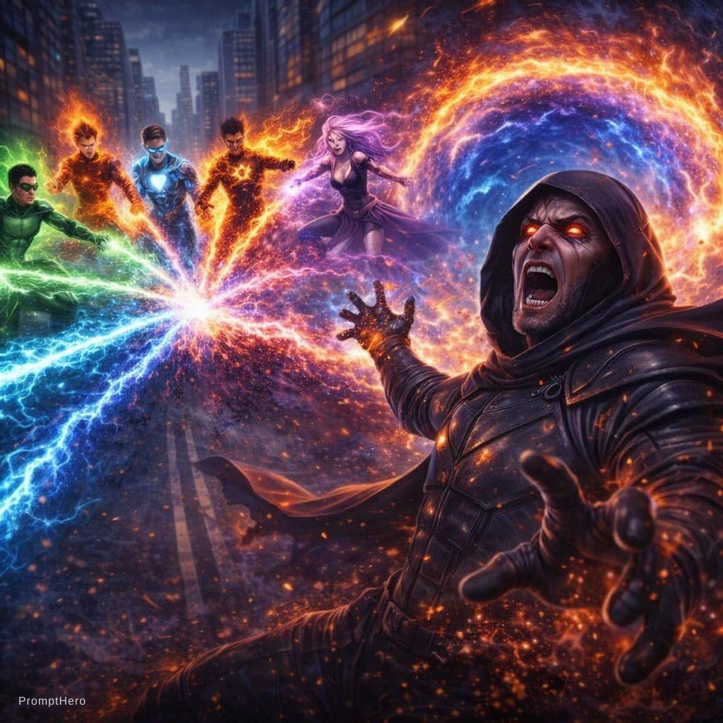 AI generated: "Black Villain recoils from heroes' combined attack, portal energy surging behind VoltStrike, cinema...