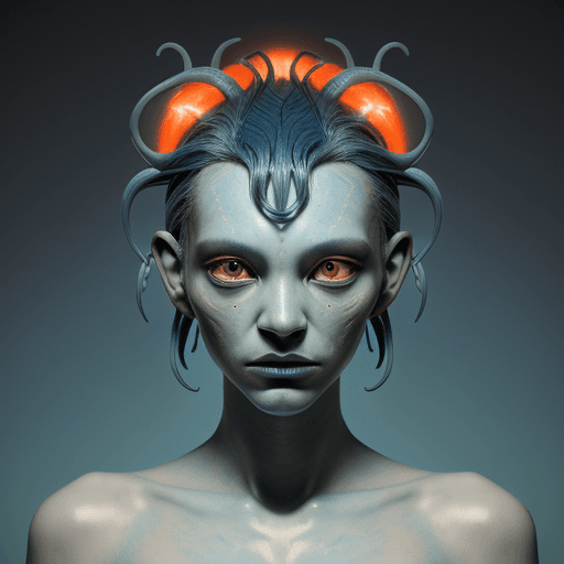 AI generated: alien with blue hair by theo el, in the style of balanced symmetry, light orange and cyan, detailed ...