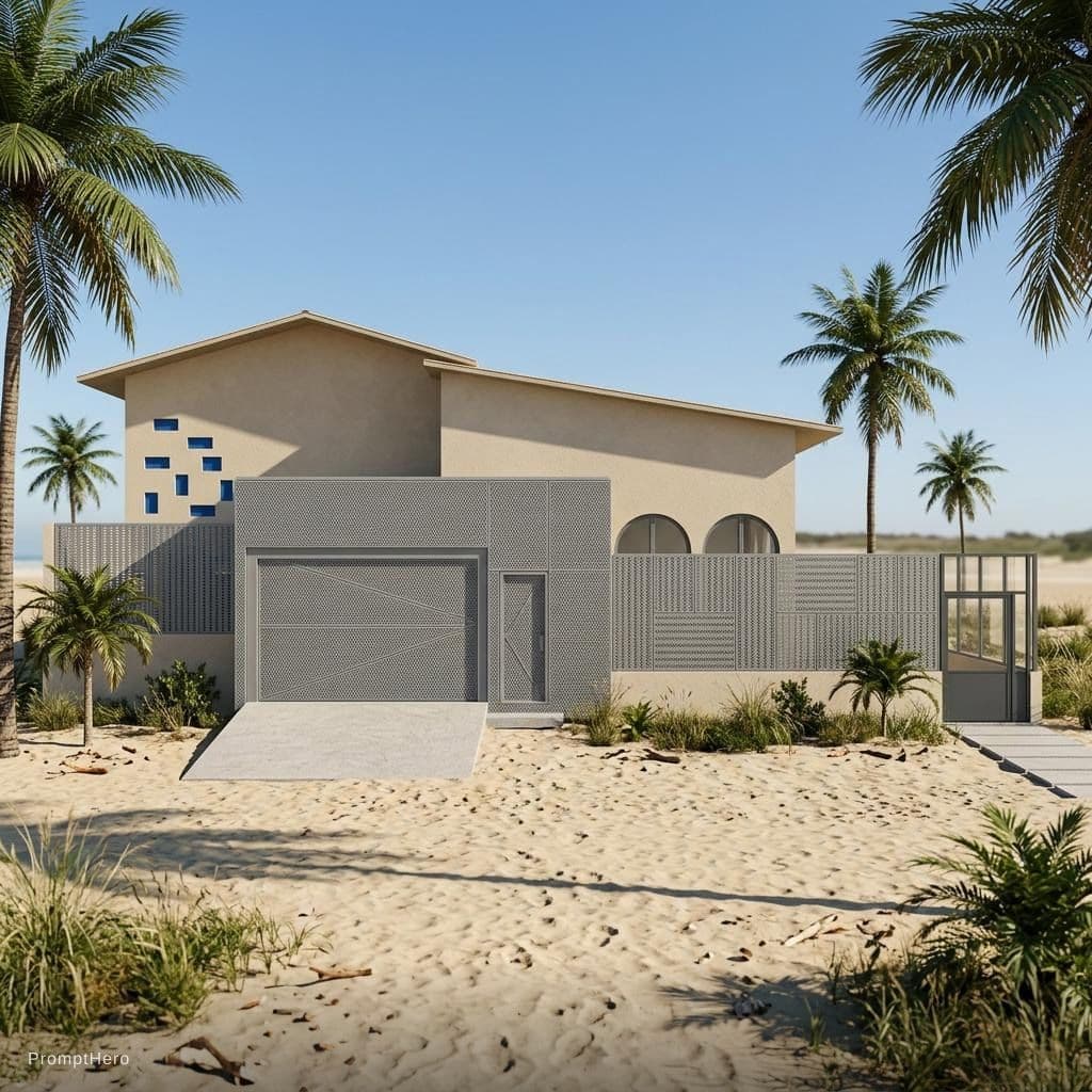 AI generated: Highly realistic architectural render of a beach house located in Ilha do Mussulo. Front elevation v...