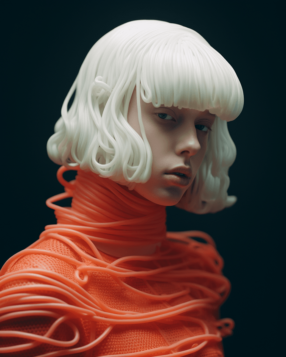 AI generated: a close up of a person wearing a wig, by Andrei Kolkoutine, digital art, orange ribbons, white cybor...