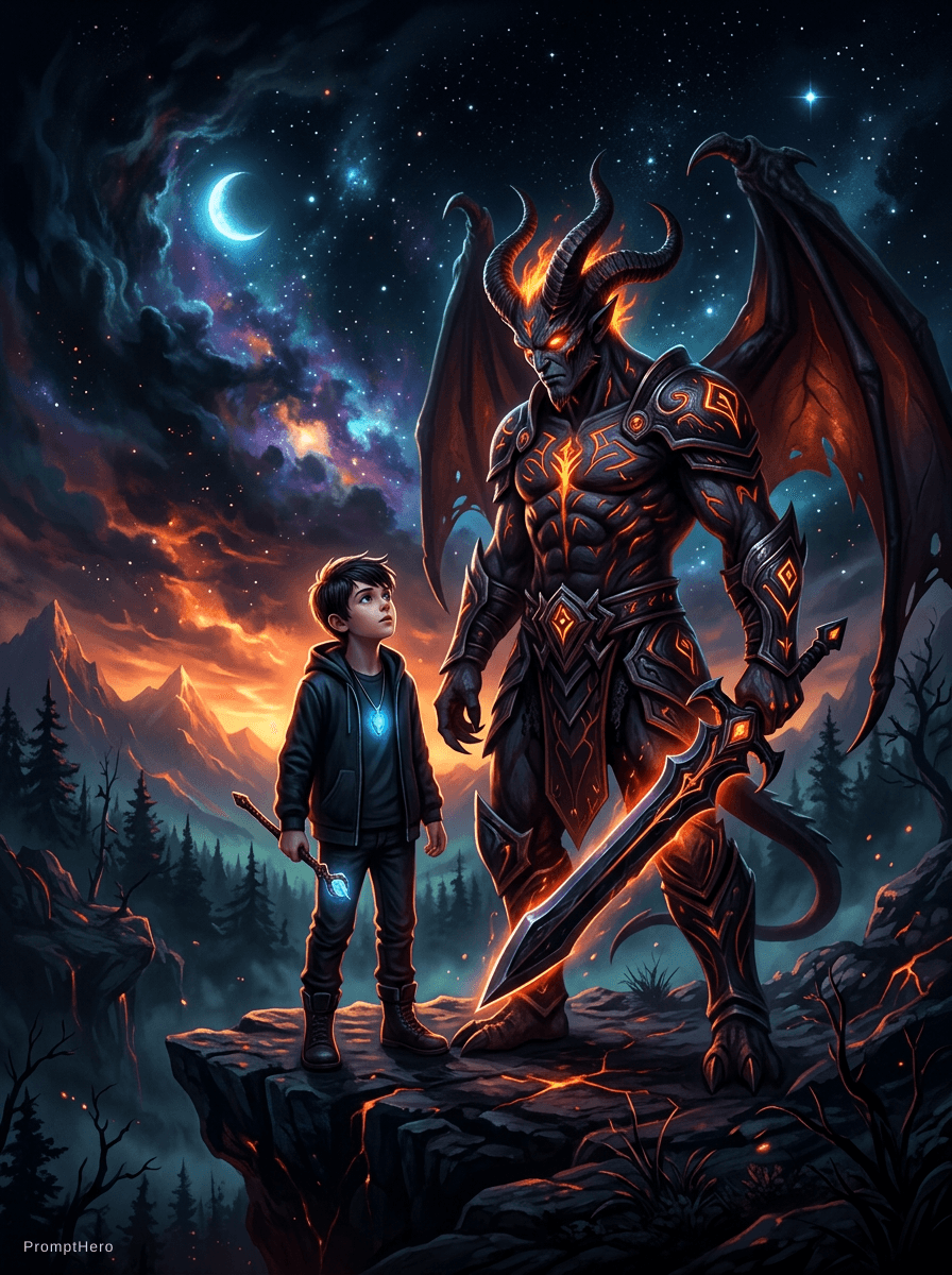 AI generated: Black background and demon near boy standing
