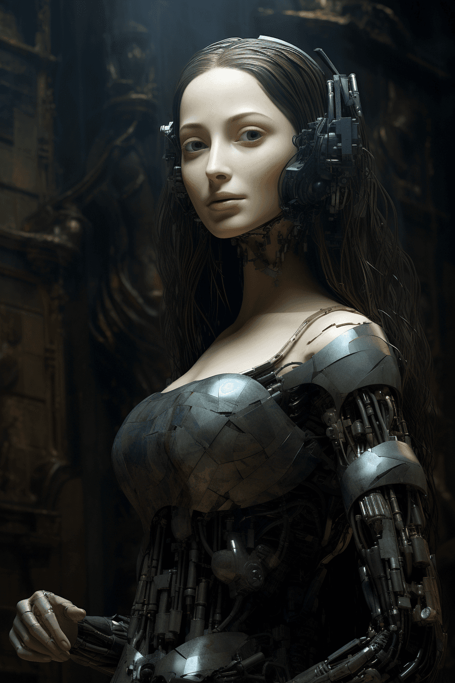 AI generated: The Mona Lisa, futurist, surreal, cyborg, extremely realistic, beautiful light, cinematic, movie sti...