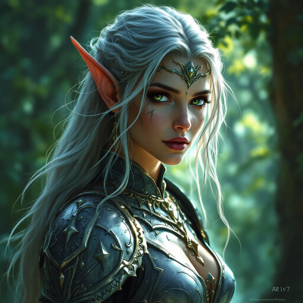 AI generated: An elven warrior queen in silver armor, fantasy art, backlit by a magical forest glow, mystical and ...