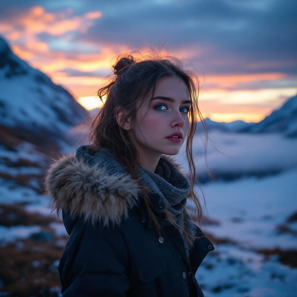 AI generated: blue lamborgini,snow,mountain aera,fog,sunset,girl standing outside, natural beauty.