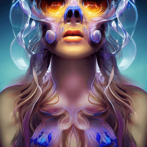 AI generated: Goddess close-up portrait ribcagel. jellyfish phoenix head, nautilus, orchid, skull, betta fish, bio...