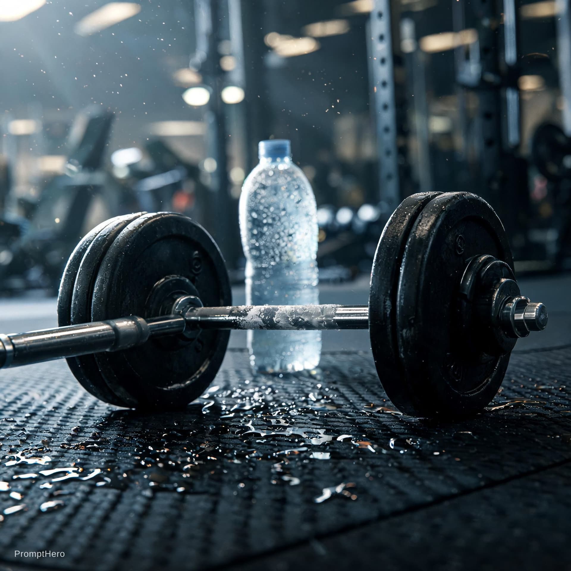 AI generated: A close-up, low-angle shot of a barbell on a black rubber gym mat. Visible sweat droplets on the flo...