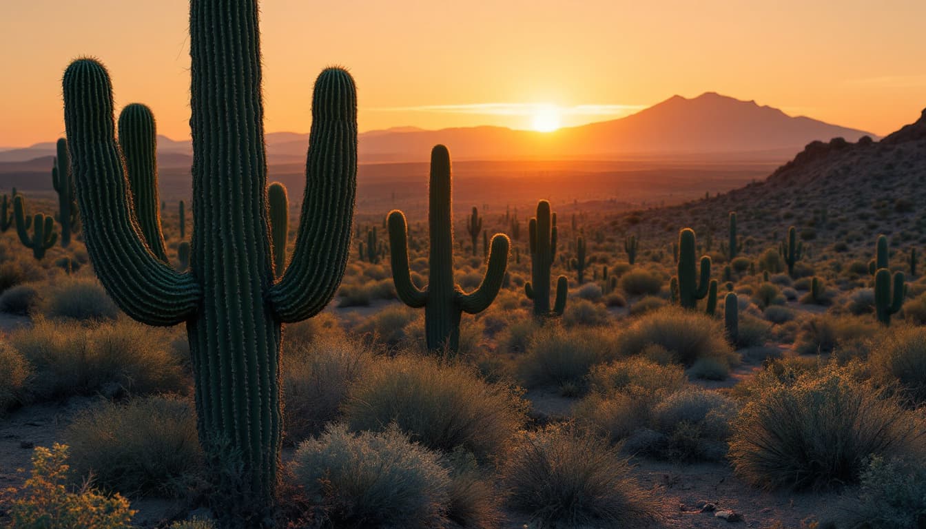 AI generated: Estilo western, en el desierto al atardecer. Hay cactus. I want a long distance view of the desert. ...