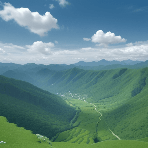 AI generated: beautiful scenery, green mountains, blue sky, white clouds, 