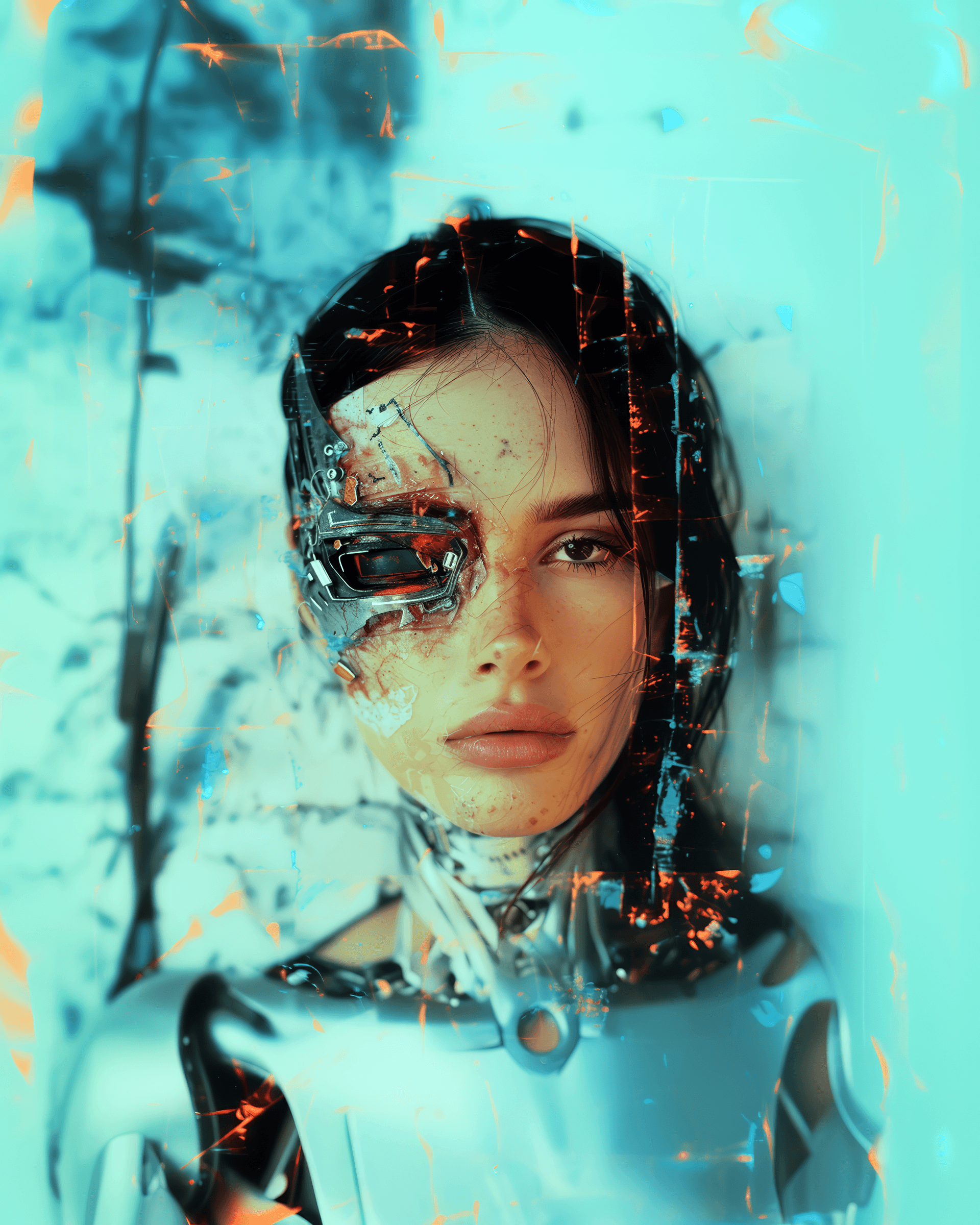 AI generated: Photo of a broken ruined cyborg girl in a landfill, robot, body is broken with scares and holes, hal...